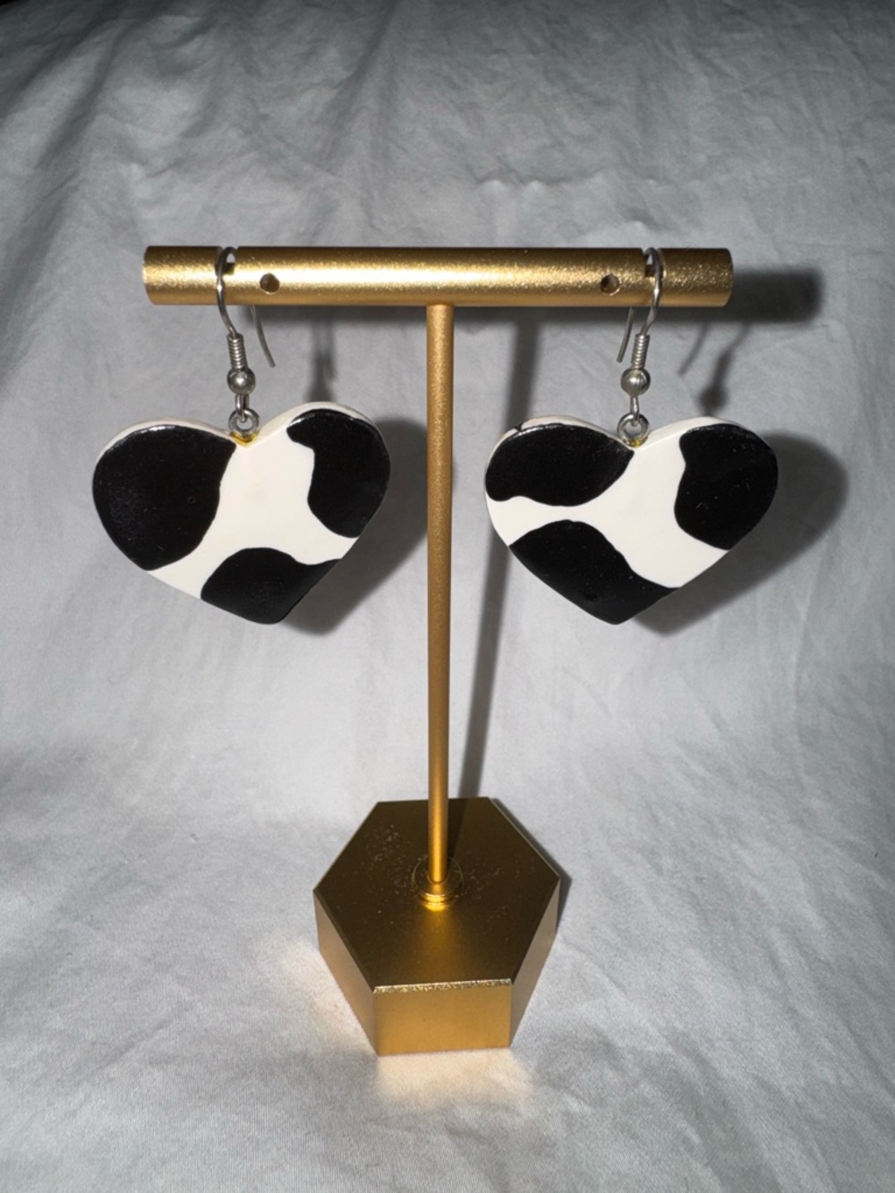 Chic Cow Print Ceramic Heart Dangle Earrings